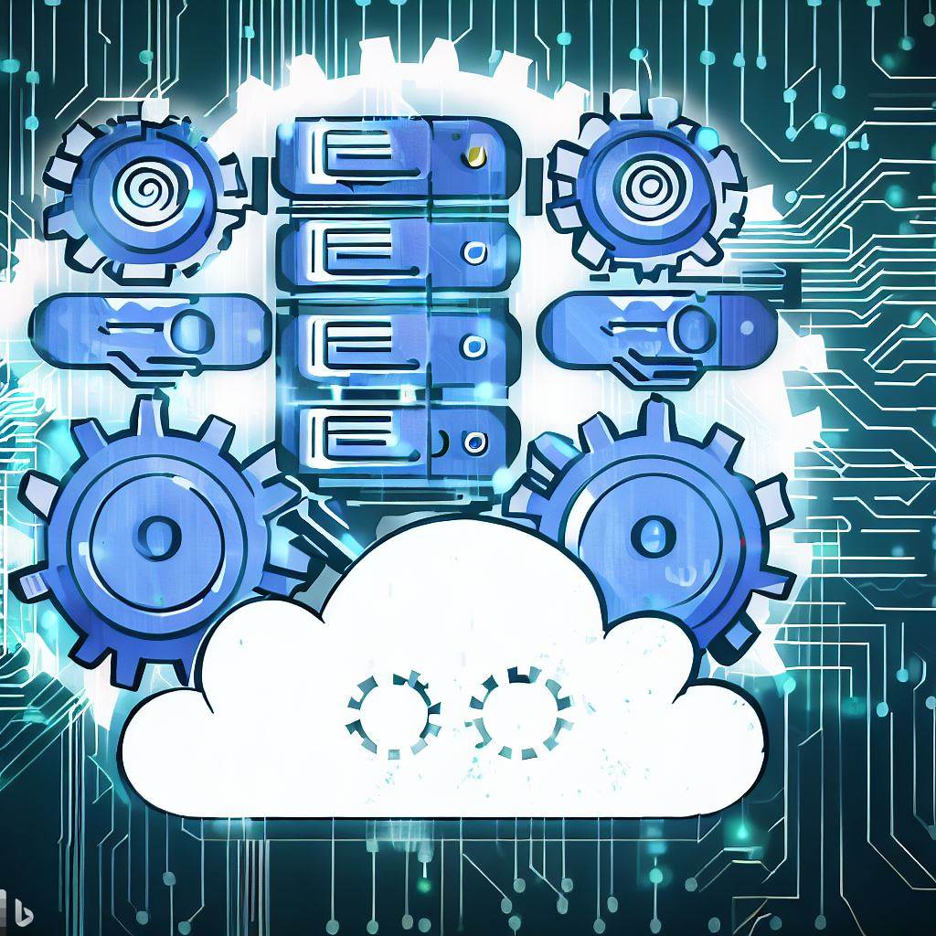 Stylized computers and gears in the cloud